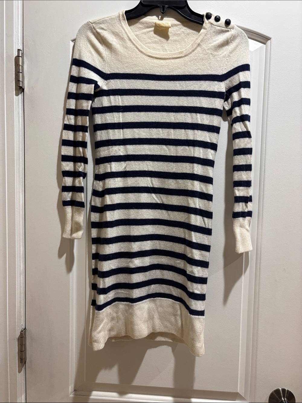 Golde XS Women’s Striped Cream and Navy Button-Shoulder Sweater Dress